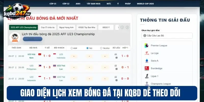 Lịch thi đấu 9 Giao diện lịch xem bóng đá tại KQBD dễ theo dõi